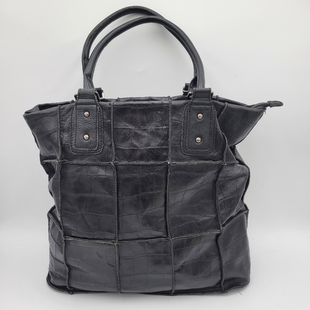 CHOCOLAT BLU Black Leather Croc-Embossed Patchwork Tote Bag - Picture 2 of 13